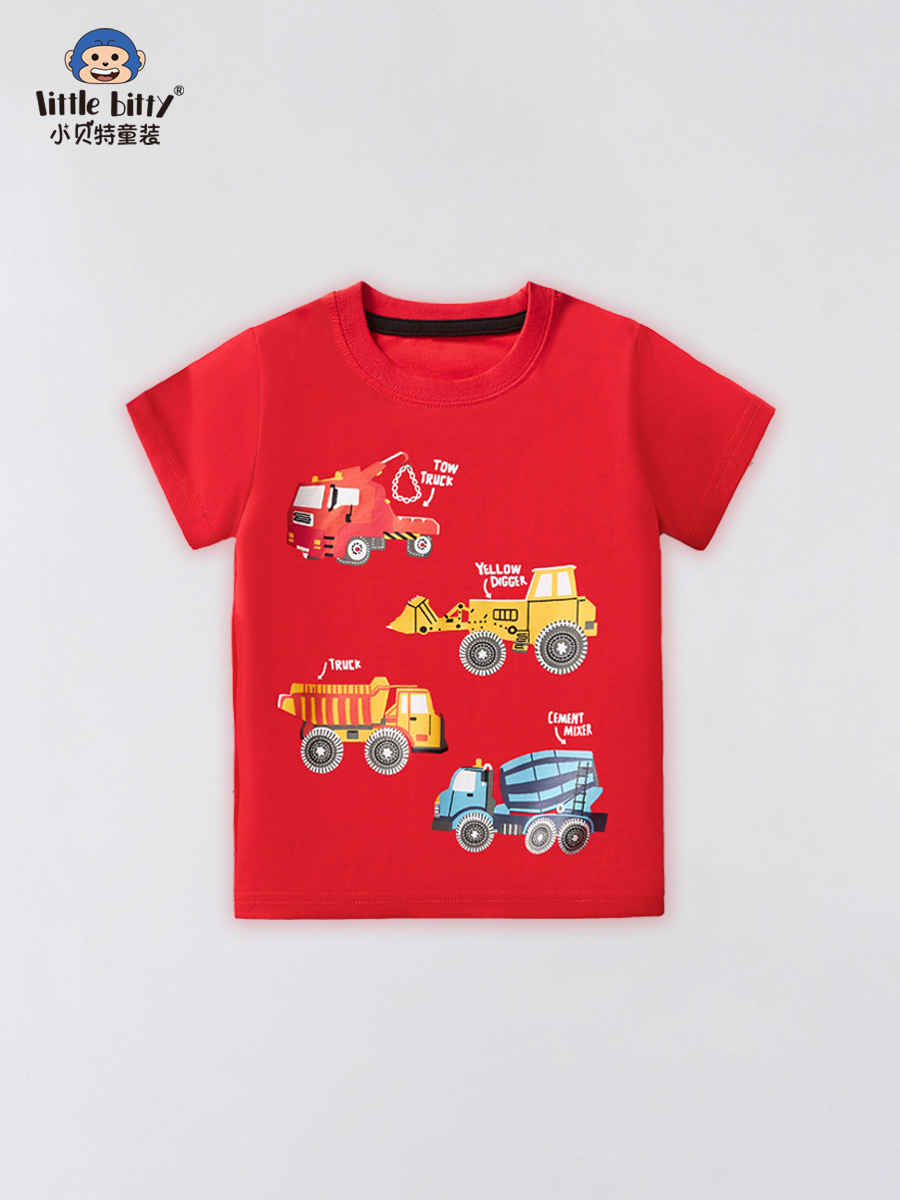 European and American 2025 Boys Summer Short-Sleeved Pure Cotton Printed Kidsren's T-Shirt Red Tops Boys Wholesale Kidsren's Clothing Trendy Kidsren