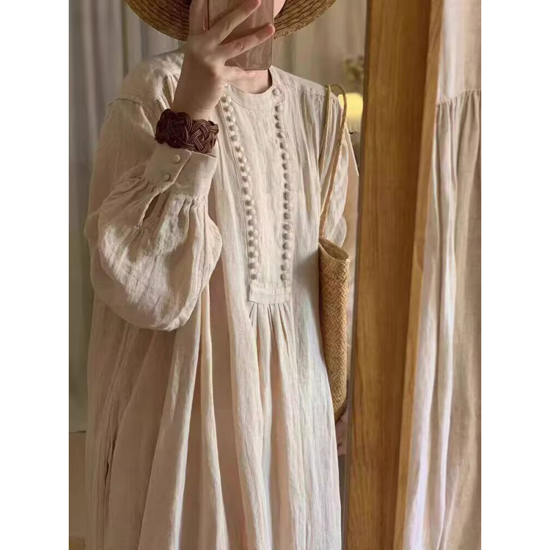 Early Autumn Retro Ramie Splicing Loose Slimming Look Dress Age-Reducing Literary Long Skirt Meditation