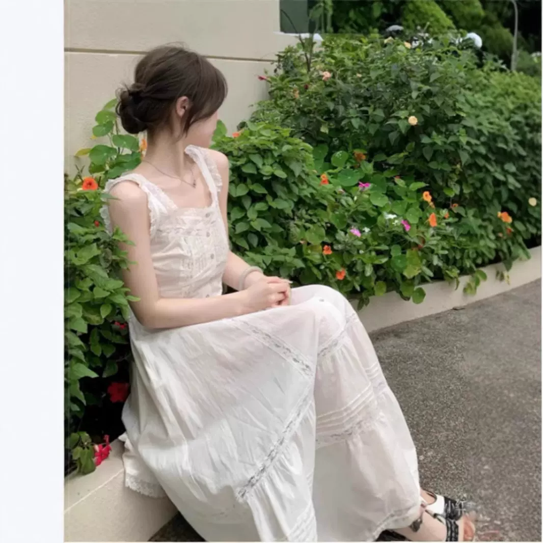 【黛珊】2025 早春跨境甜美蕾丝拼接收腰高腰系带晚礼服U领连衣裙