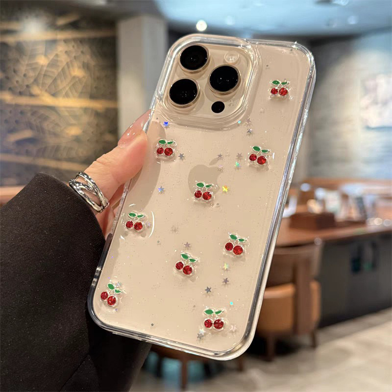 Glitter Star Sequins Resin Small Cherry Suitable for iPhone 16 Pro Max Phone Case Apple 17 Transparent 14 for Women Glitter Star Sequins Resin Small Cherry Suitable for iPhone 16 Pro Max Phone Case Apple 17 Transparent 14 for Women