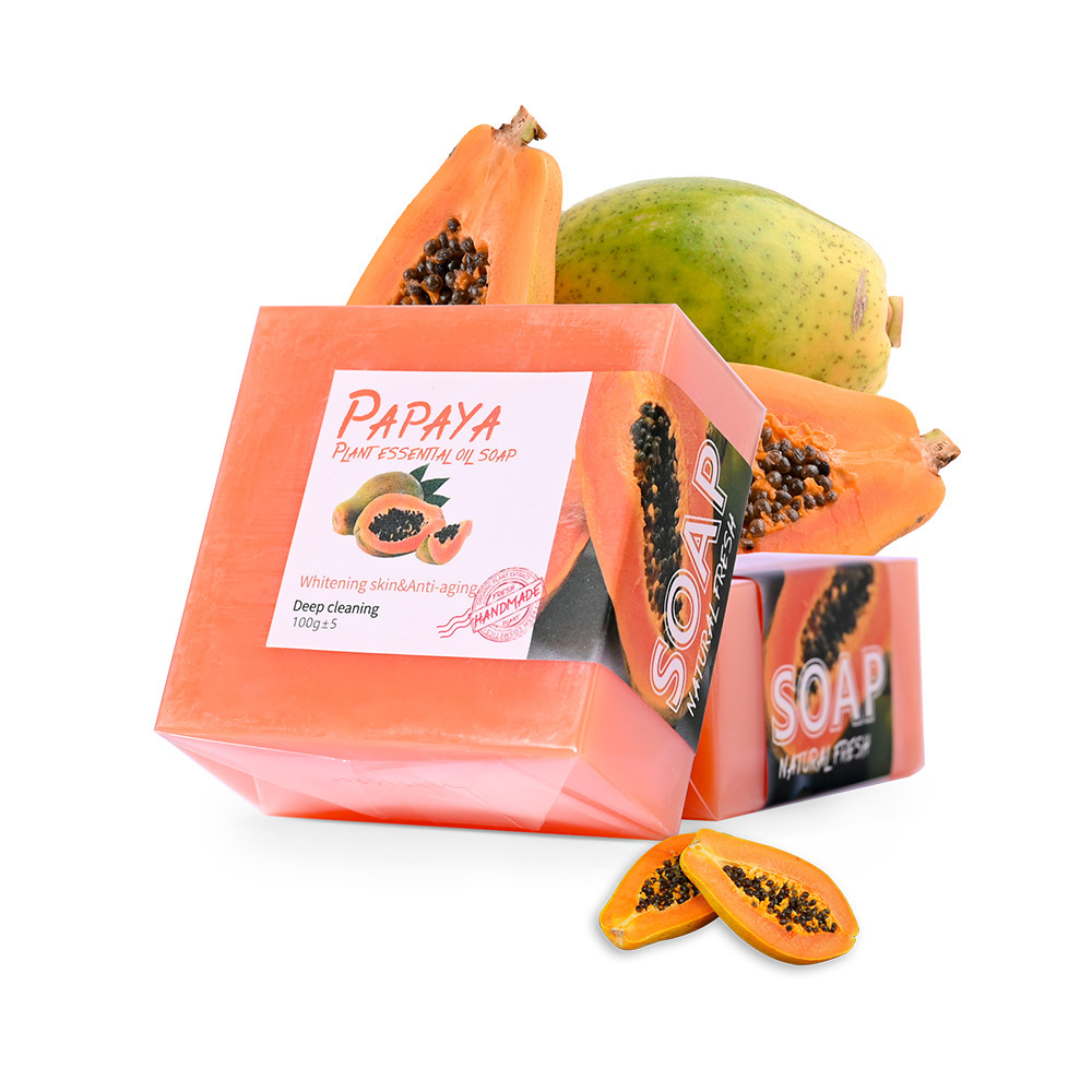 Venta caliente transfronteriza Embalaje inglés Papaya Aceite esencial Jabón Aloe Vera Cúrcuma Jabón hecho a mano Limpiador Desmaquillador Jabón Venta directa al por mayor