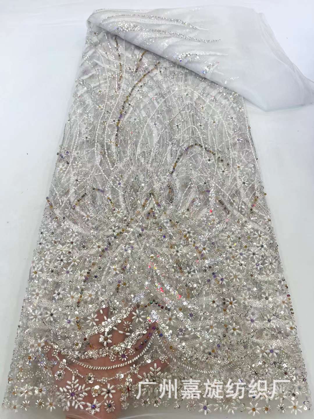 Vestido de novia francés industria pesada arroz cuentas lentejuelas encaje tela nupcial lentejuelas encaje tela J4003