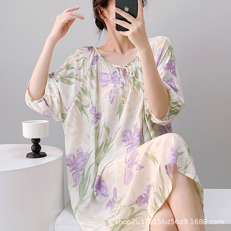 2025 新しい女性のための寝間着春と夏の綿シルク新中国風クールな人工綿ロングスカート綿シルクパジャマ大きいサイズ|undefined