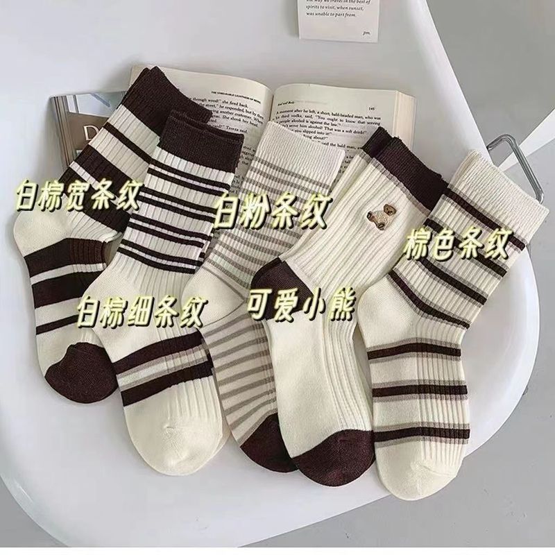 Socks ladies spring and summer Socks striped navy bear cotton socks cartoon cute Japanese piled socks new wholesale