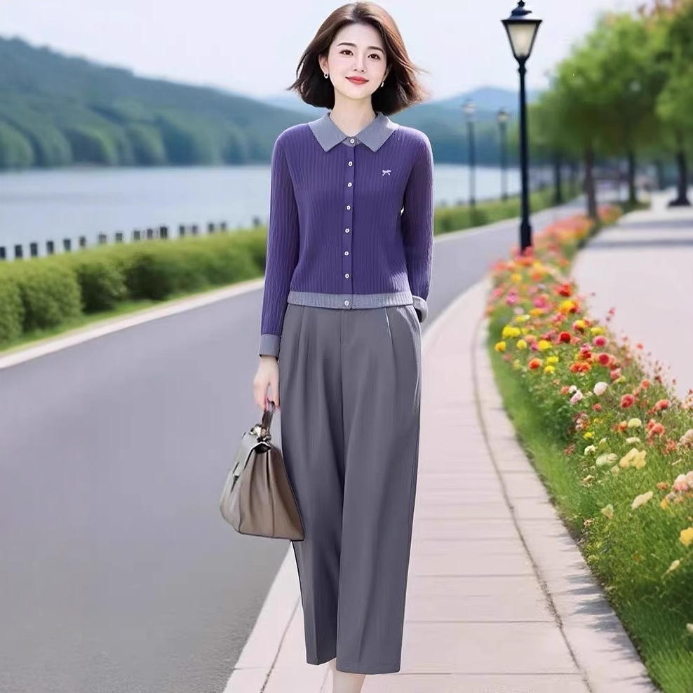 Middle-Aged and Elderly Mother's Violet Contrasting Lapel Knitted Cardigan High-End Gray Elastic Waist Nine-Point Casual Pants Suit