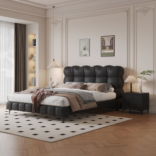 Italian Minimalist first layer cowhide bed modern simple French retro leather bed black puff double bed master bed
