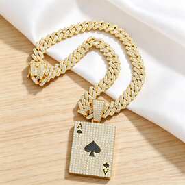 欧美街头嘻哈风扑克牌项链镶钻说唱朋克古巴链吊坠跨境饰品批发
