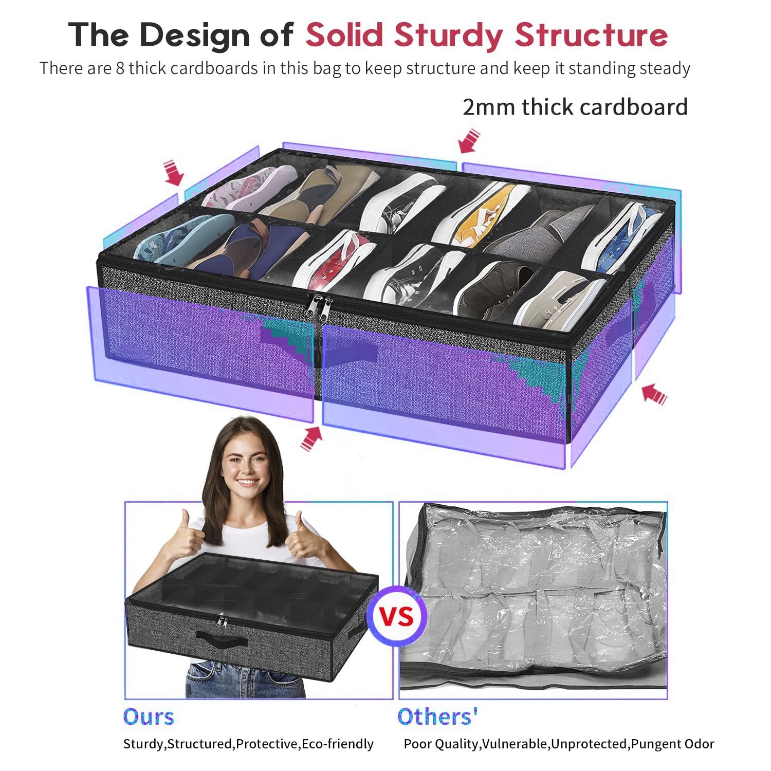 Non-Woven Fabric Shoe Storage Box, Foldable with Lid and Compartments, 75 × 60 × 15 cm | Under-Bed Organization