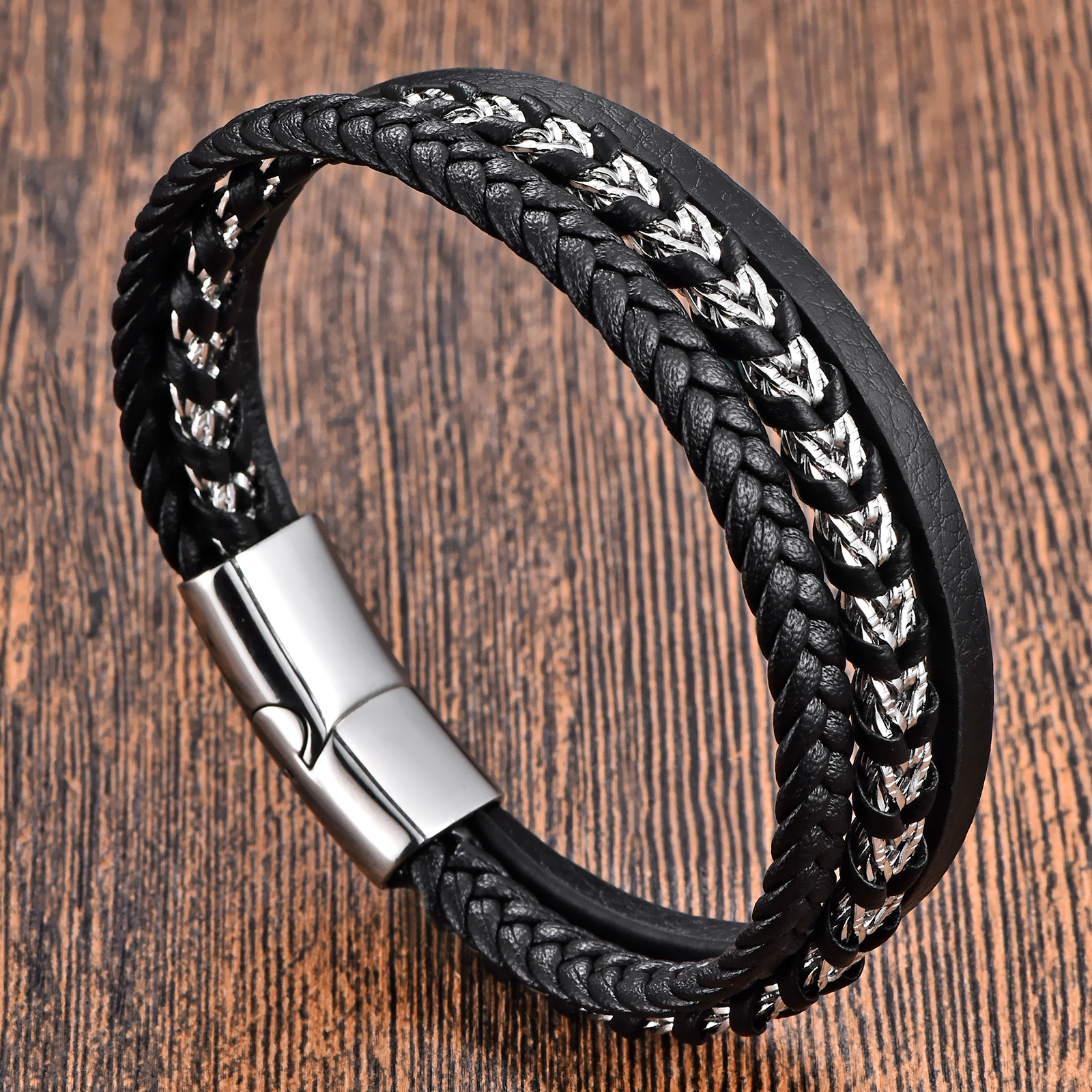 Daily Occasion Retro Punk 316L Stainless Steel Pu Leather Geometric Woven Chain Men Cord & Leather Bracelets