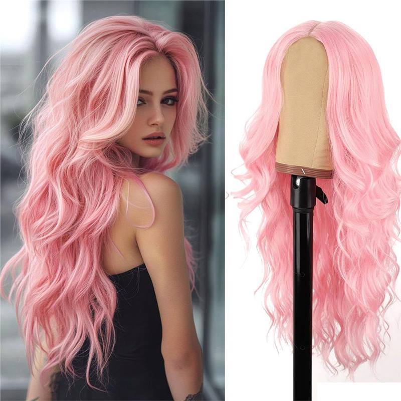 假发欧美中跨境长卷粉色大波浪假发万圣节女士度假分头套时尚假发