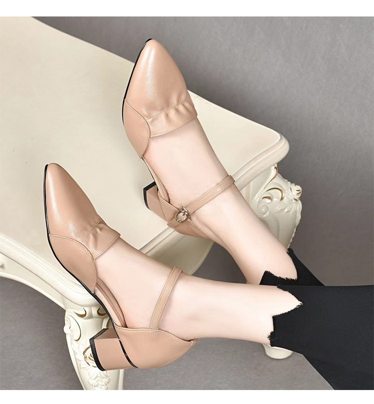 Sandal da nữ mũi kín gót vuông 2,5 cm kiểu dáng nông khoét lỗ đế mềm — Gót 2,5 cm màu trắng Be chi tiết 6