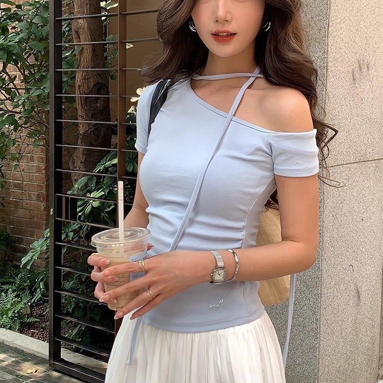5127 # Hot Girl Style One-Shoulder Tie-Up Short-Sleeve T-Shirt, Summer Ruched Waist-Slimming Off-Shoulder Top with Unique Design