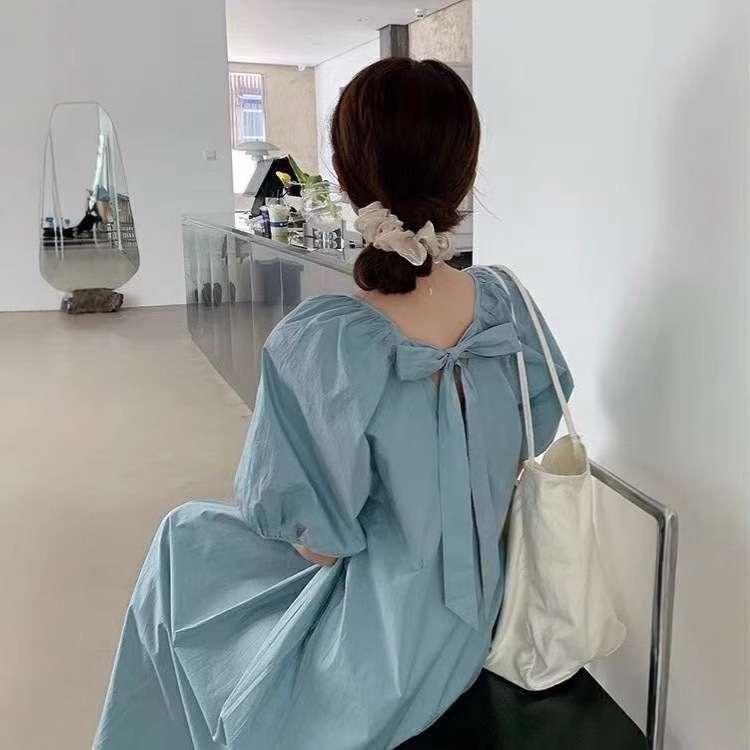 plus size Women's Summer Korean-style Loose Over-the-Knee Dress chubby girl Belly Covering Slimming Bow Puff Sleeve dress