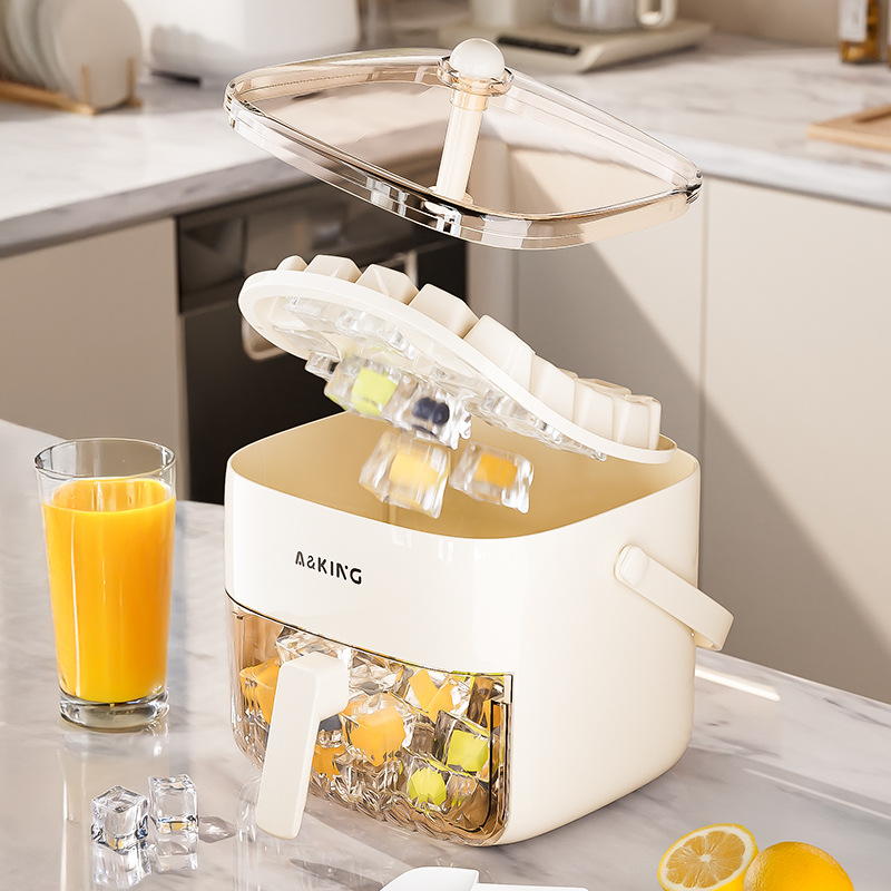 Presione la rejilla de hielo para congelar el molde de cubitos de hielo, refrigerador doméstico, artefacto de fabricación de hielo, caja de almacenamiento de hielo de gran capacidad, grado alimenticio, doble capa con tapa