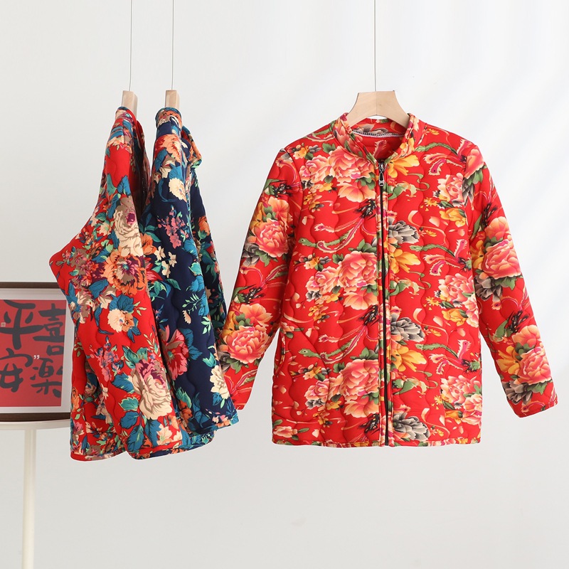 中老年棉衣妈妈装秋冬季加厚碎花棉袄大码保暖防寒丝棉服外套上衣