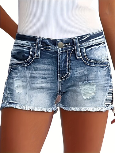 Women'S Ripped Denim Shorts Stars Embroidered Stretch Jeans