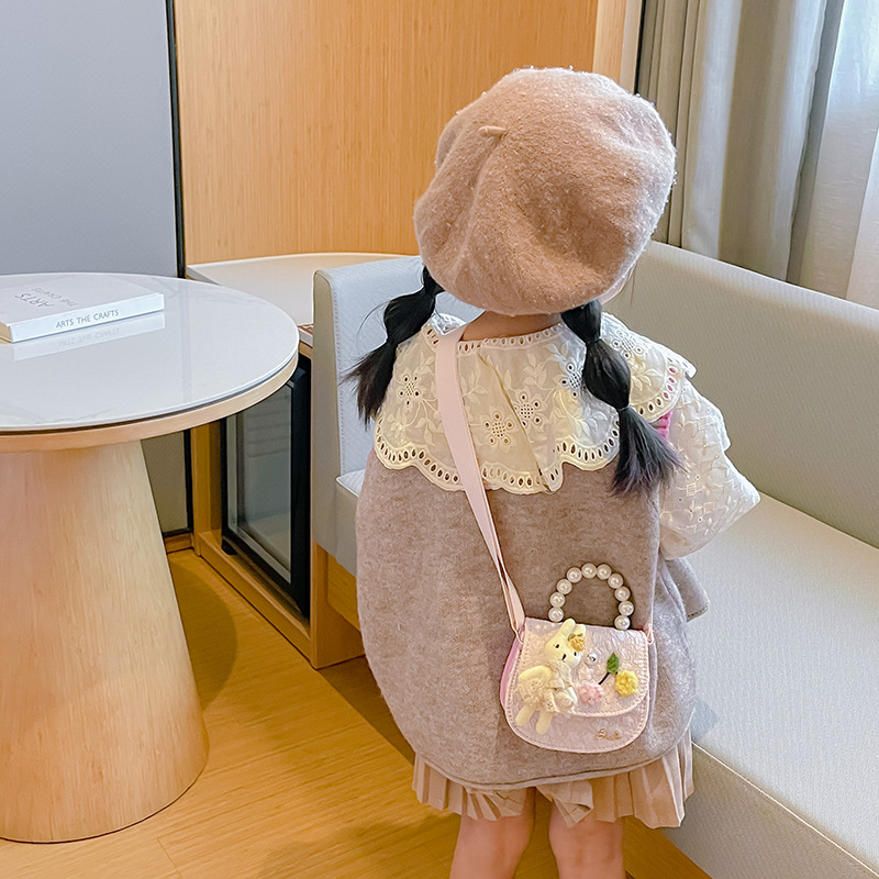 Bolso de los niños otoño e invierno nuevo lindo conejo perla bolso de mano chica princesa encaje bolsa de mensajero monedero comercio exterior