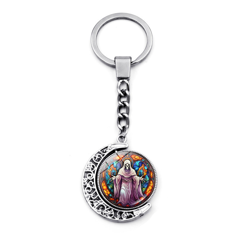 Llavero con colgante de castillo fantasma de Halloween, colgante de luna giratoria de doble cara, llavero de regalo con atmósfera espeluznante_voghion.com