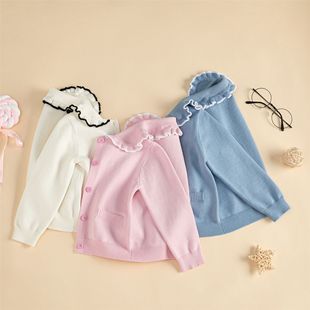 Spring and Autumn lapel in stock girls' trendy baby cute solid color non-hooded single-breasted sweater cardigan sweater