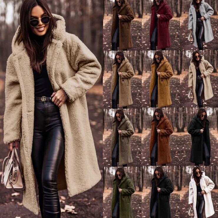 In-Stock Amazon Cross-Border Supply 2026 Autumn and Winter Fashion Long Solid Color Long-Sleeve Woolen Women's Coat