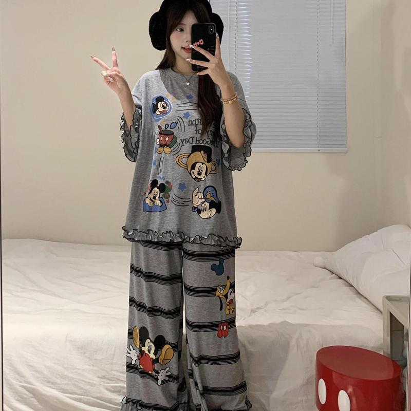 【现货】米奇木耳边短袖睡衣女款夏季宽松慵懒条纹长裤家居服套装|undefined