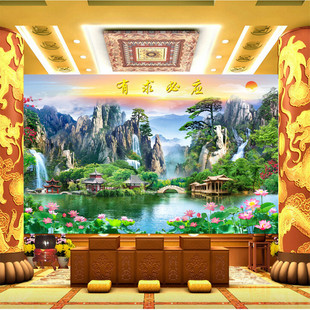 Xiantang Is Responsive to All Requests, Landscape Painting Background Wallpaper, Flowing Water and Wealth, Courtyard Lotus Wallpaper, Buddhist and Taoist Fairy Murals