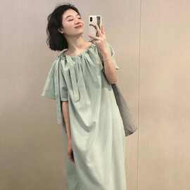 2026春夏新款女高级感茶歇法式宽松遮肚显瘦休闲绿色连衣裙子夏季