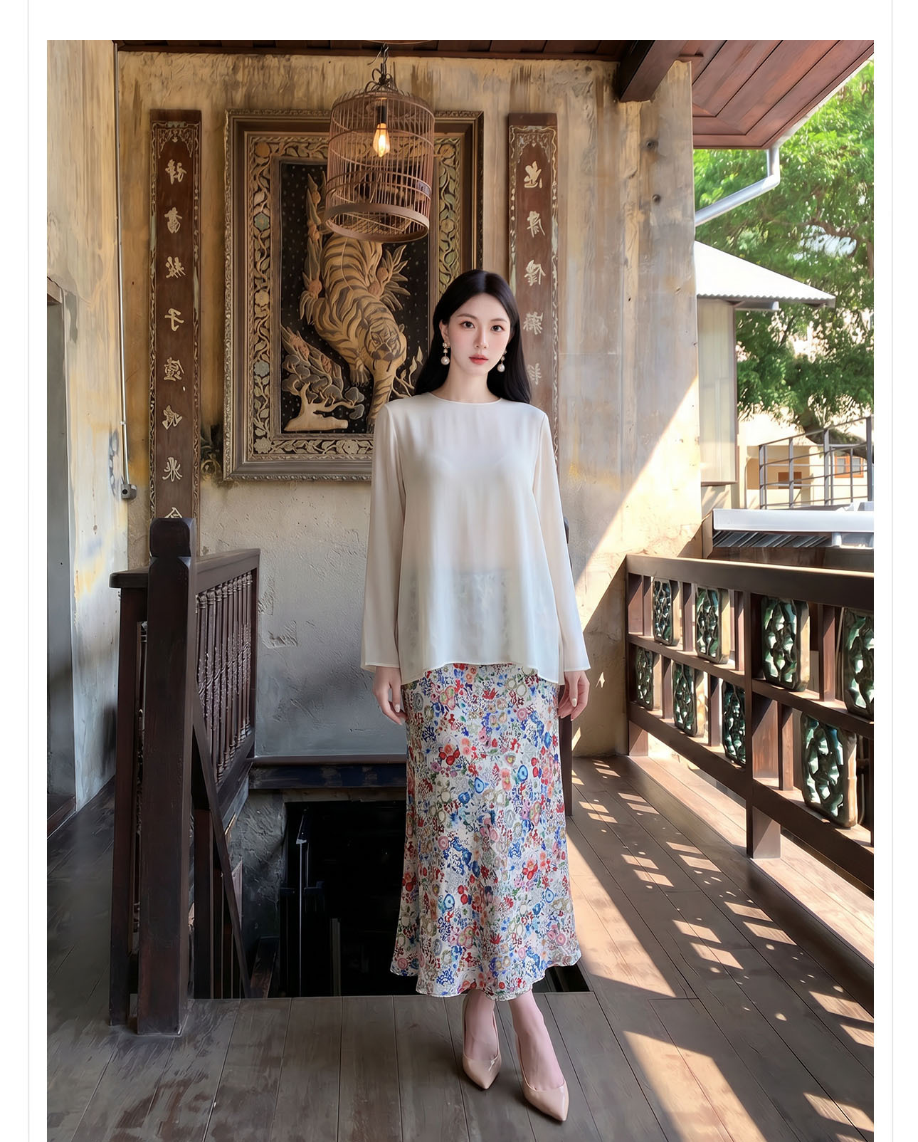 Chân váy xếp ly nữ họa tiết hoa nhí cao eo phong cách tân cổ điển — Hoa văn trắng, Hoa văn đen chi tiết 6