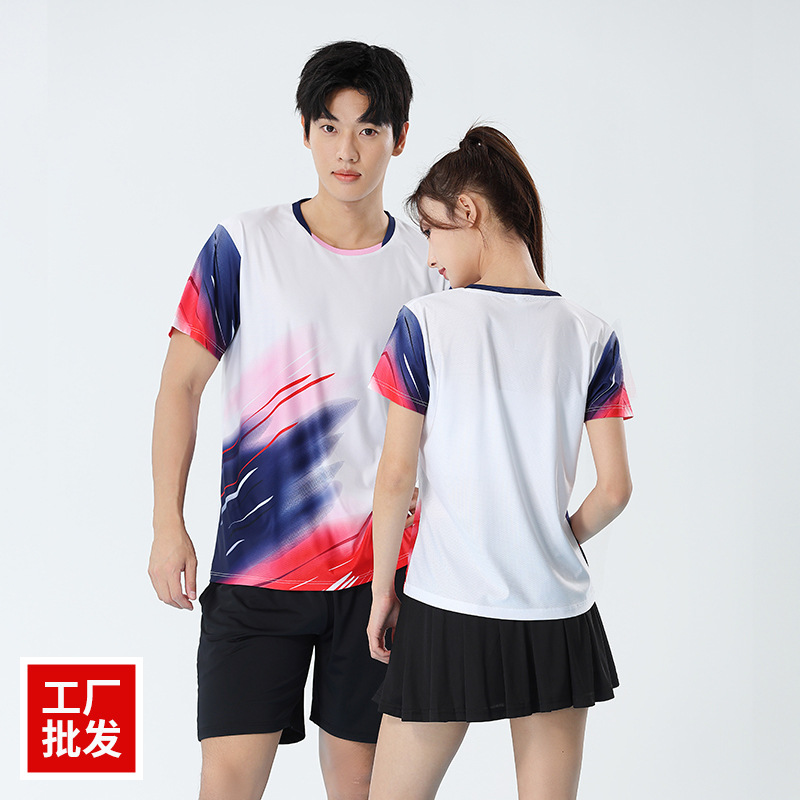 Quick-Drying Badminton Suit, Competition Sportswear, Men's and Women's Tennis Wear, Table Tennis Wear, Printed Summer Short-Sleeved Clothing