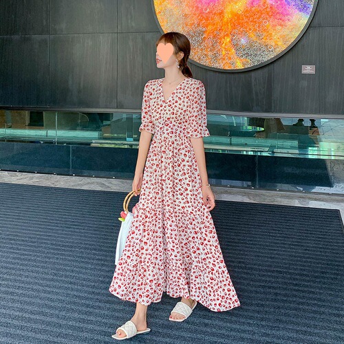 Spring, summer and autumn 2024 new trumpet short-sleeved chiffon polka dot floral high-waist slim long skirt dress long style for women