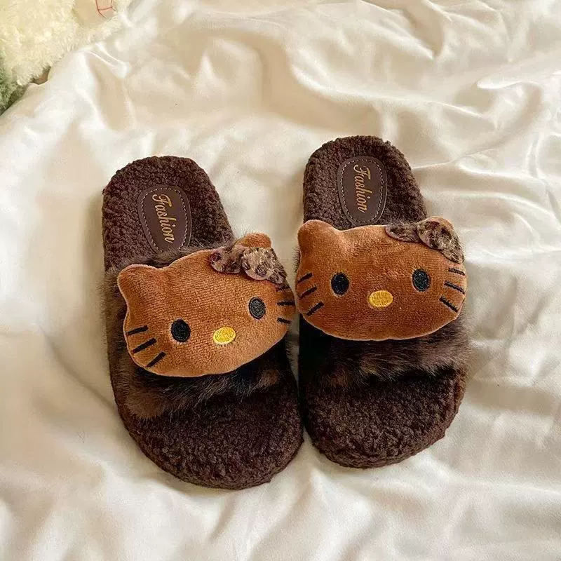 Меховые тапочки (kitty) с толстой подошвой, противоскользящие, тёплые, дизайн «кот», размеры 36–41