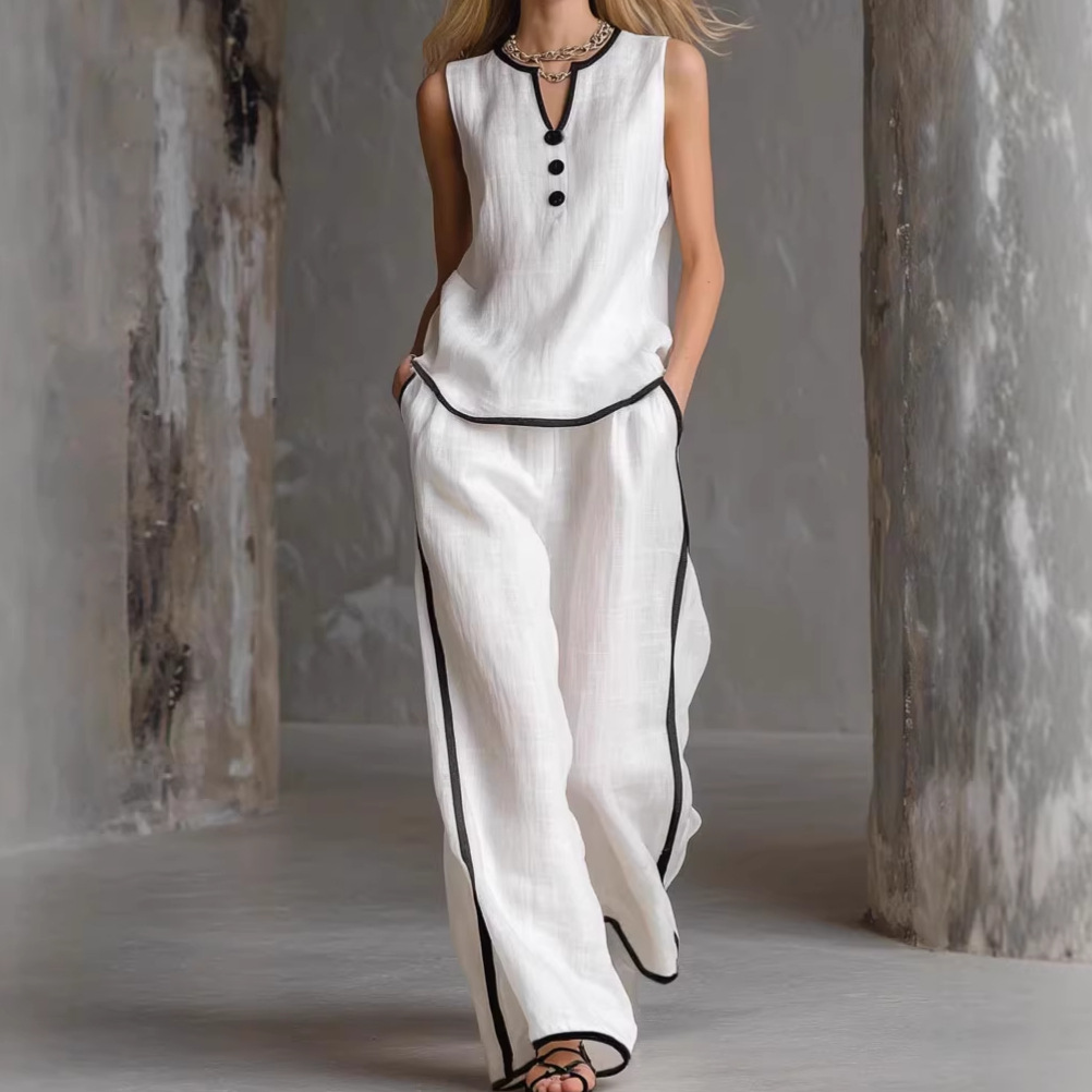Spring/Summer Women's Sleeveless V Neck Color Block Trim Simple Elegant Comfortable Style Set Black_ecoleips.com