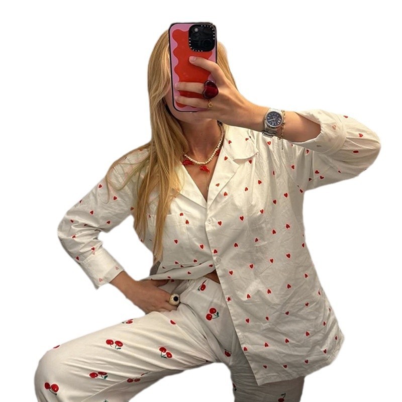 春秋欧美两件套爱心印花长袖衬衫长裤睡衣女宽松舒适家居服套装女|undefined