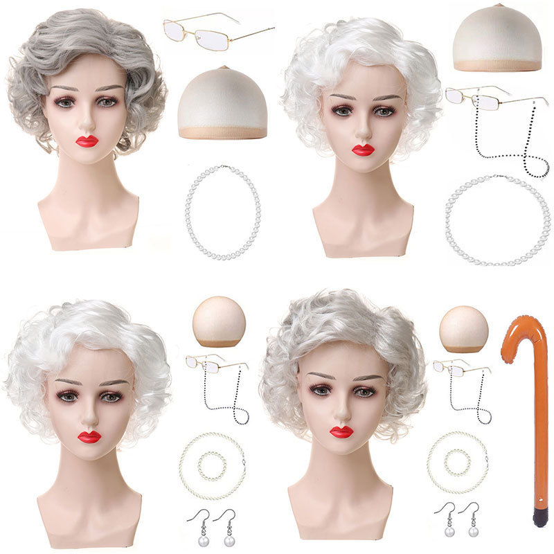 Amazon Grandma Wig Cos Old Lady Short Wavy Curly Hair Middle-Aged and Elderly Grandpa Dress up Wig Set Amazon Grandma Wig Cos Old Lady Short Wavy Curly Hair Middle-Aged and Elderly Grandpa Dress up Wig Set