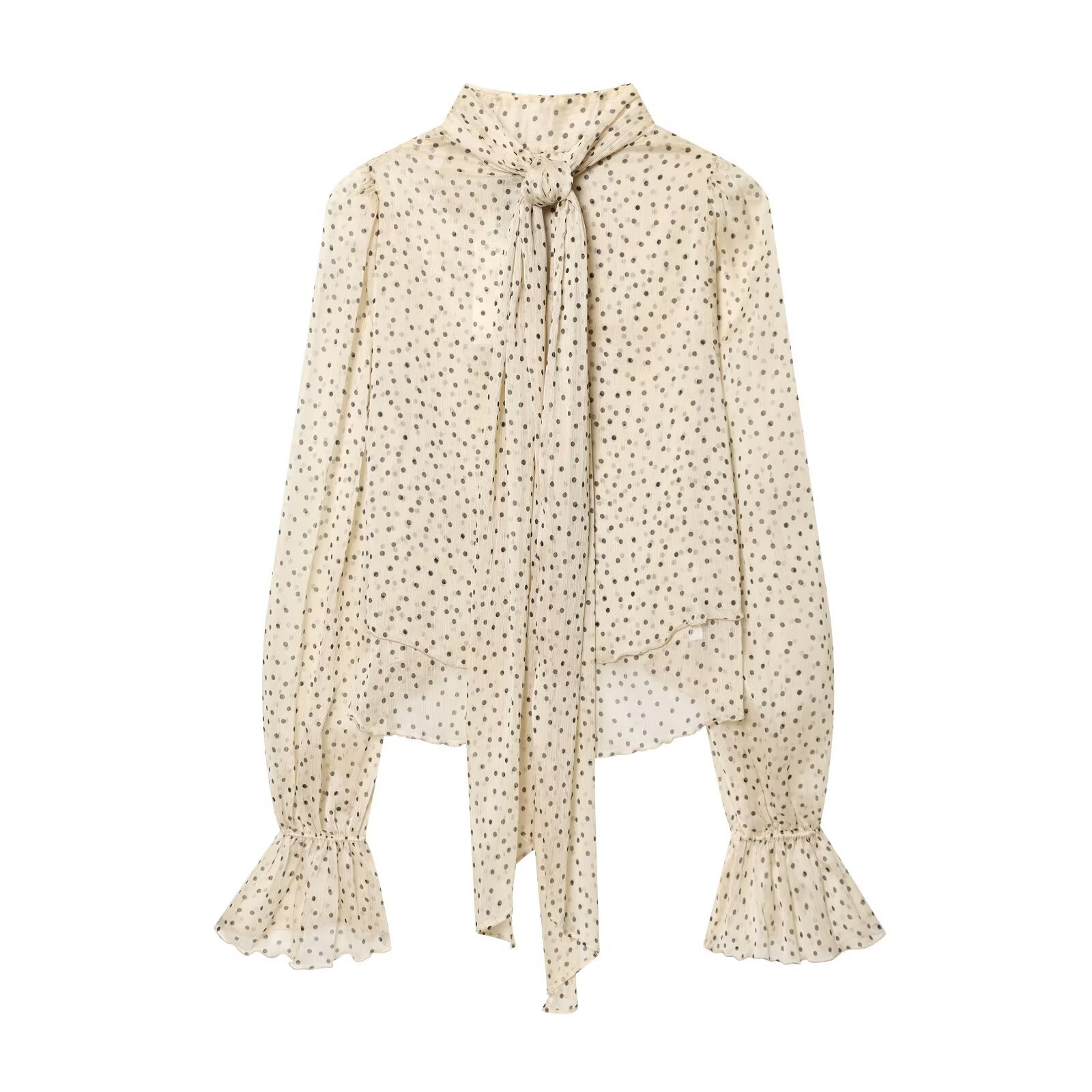 Women's French Chic Polka Dot Tie Neck Ruffle Short Shirt Summer New Arrival_ecoleips.com