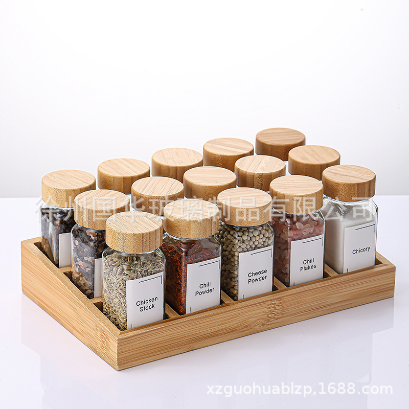Tarro de condimento cuadrado transfronterizo 40z botella de polvo de pimienta porosa botella de condimento de vidrio de 120ml 12 piezas botella de condimento de bambú y madera