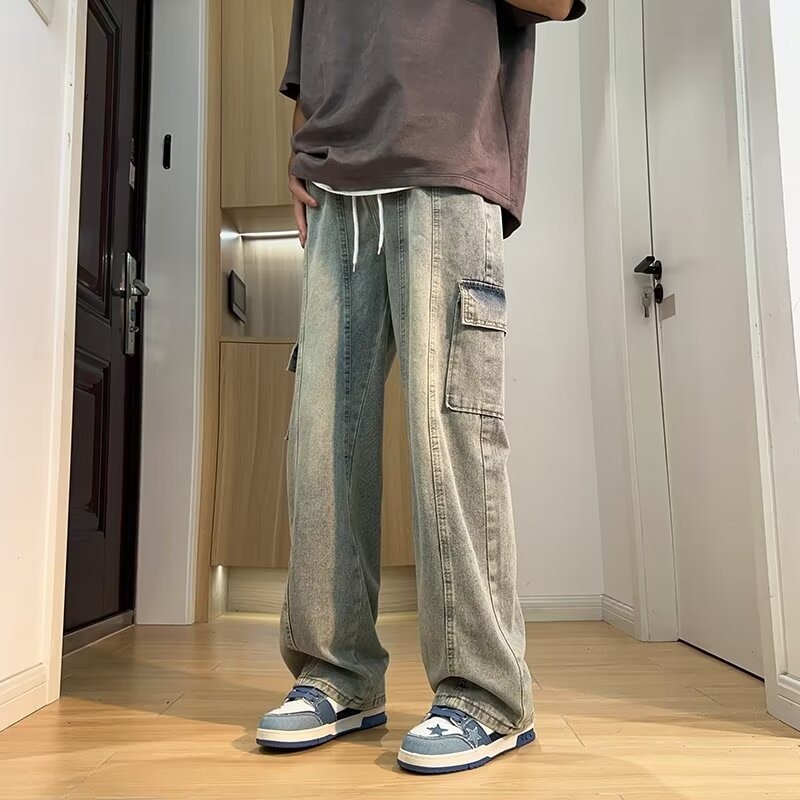 Jeans cargo con coulisse, stile retrò, alla moda, tinti di fango, gialli, per uomo e donna, pantaloni larghi, casual e a gamba dritta_voghion.com