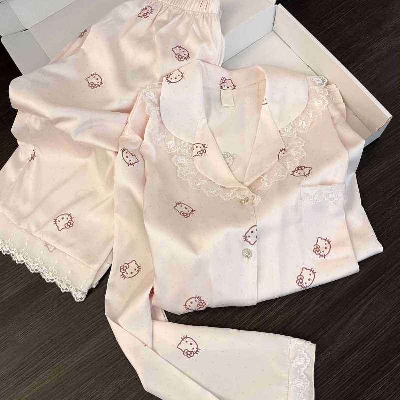 【现货】甜美Kitty花边长袖睡衣女春秋季冰丝亲肤长裤家居服套装|undefined