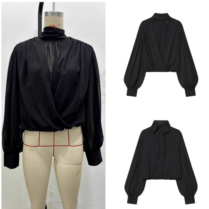 European and American Style Autumn and Winter New Style Back Bow Tie Pleated Translucent Balloon Version Stand Collar Shirt Top