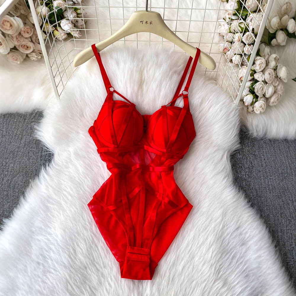 Cross-Border European and American Ins Sexy Hot Girl with Breast Pads Jumpsuit for Women Summer Pure Desire See-Through Mesh Slim Suspender Small