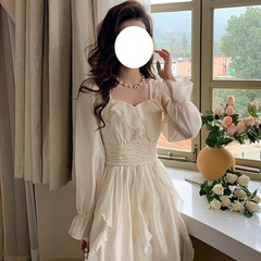 2025早秋小香风设计感杏白色裙子超仙森系甜美收腰显瘦长袖连衣裙