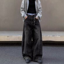 美式复古高街水洗做旧黑色弯刀牛仔裤阔腿宽松潮牌痞帅高级感裤子