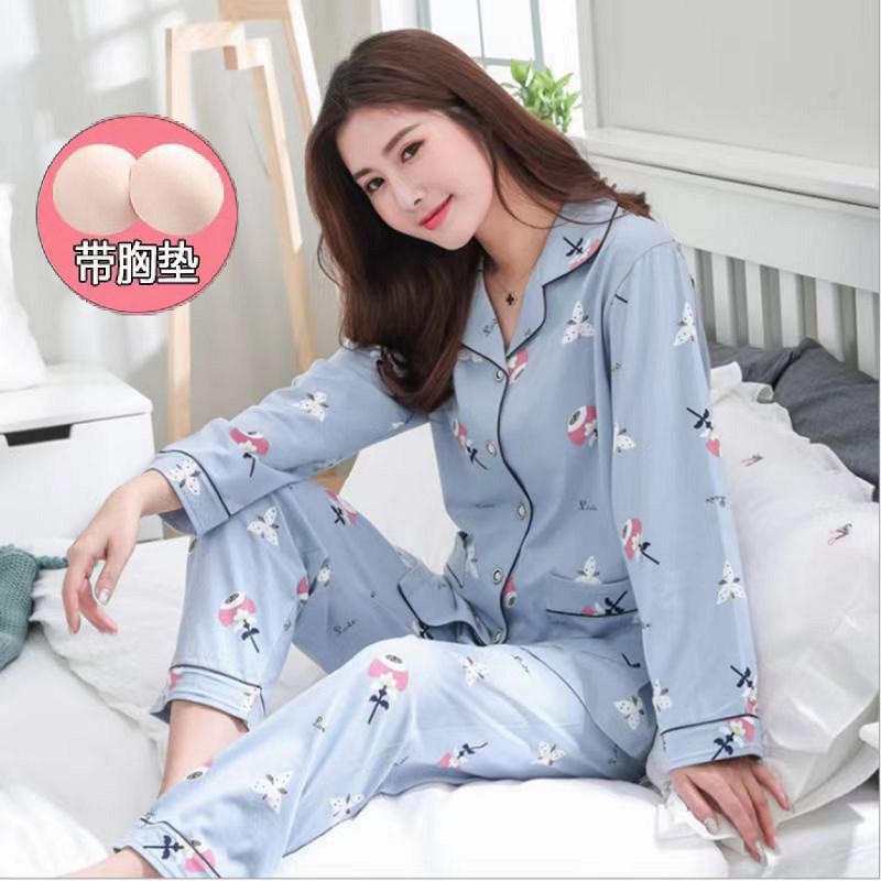 El traje de gama alta se puede usar fuera 100% pijamas de algodón para mujer primavera y otoño con almohadilla en el pecho manga larga ropa de confinamiento casual ropa para el hogar