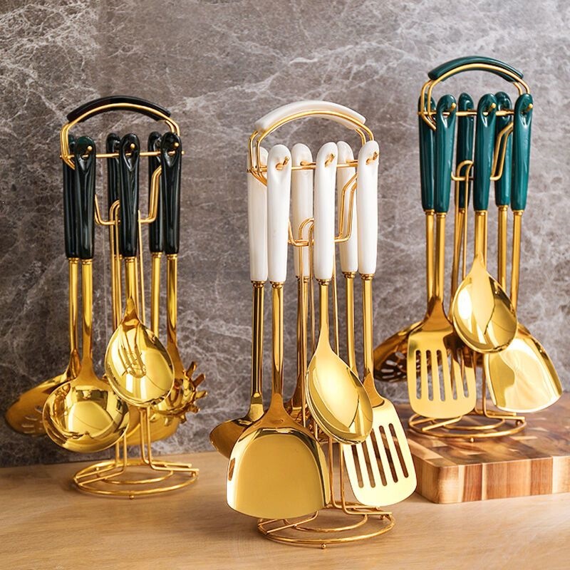 Thickened 304 Stainless Steel Anti-Scalding Kitchen Utensil Set of Seven Pieces, Including Cooking Spatula, Slotted Spoon, Soup Spoon, and Frying Spatula, Complete Set
