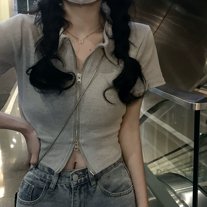 Трансграничный дизайн с короткими рукавами чувство вышитых букв двойная футболка на молнии женский отворот 2023 корейский короткий кардиган топ женский