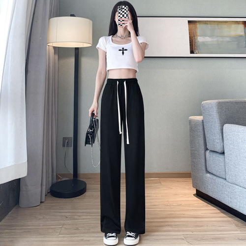 Ice silk wide-leg pants for women, long trousers with drape, summer, small, high-waisted, slim casual pants, loose straight pants