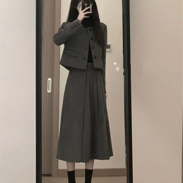 原版质量毛呢套装裙新款气质小个子短款外套女半身裙两件套|undefined