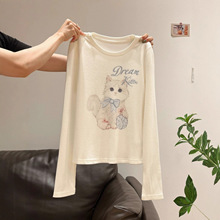 白色卡通猫咪字母印花长袖T恤女2025年早秋新款修身显瘦百搭上衣