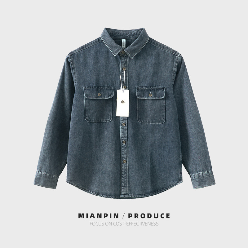 Spring and Autumn Men's Denim Long-Sleeve Shirt, Washed Double-Pocket Casual Shirt, American Style Top D297 Casual Workwear