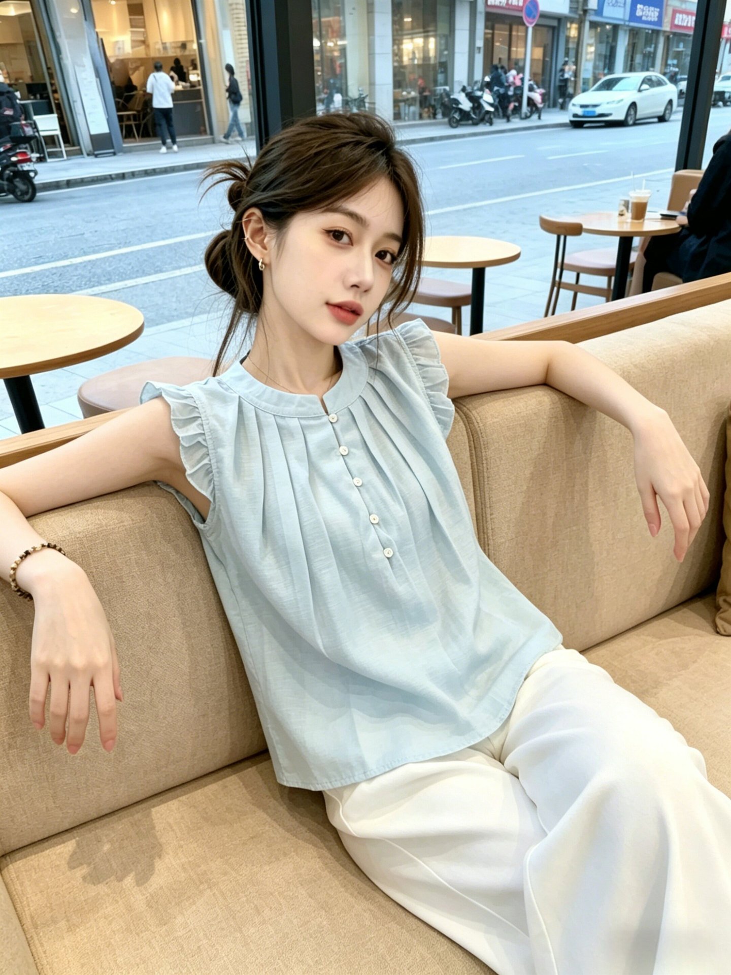 Áo sơ mi ngắn tay nữ dáng búp bê, phong cách ngọt ngào trẻ trung — xanh lam chi tiết 2